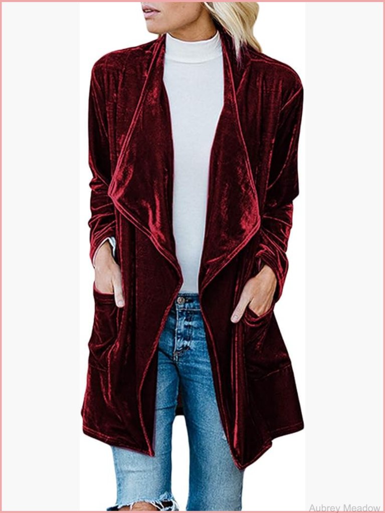 Velvet Open Front Cardigan Coat With Pockets Long Sleeve Loose Fit Casual